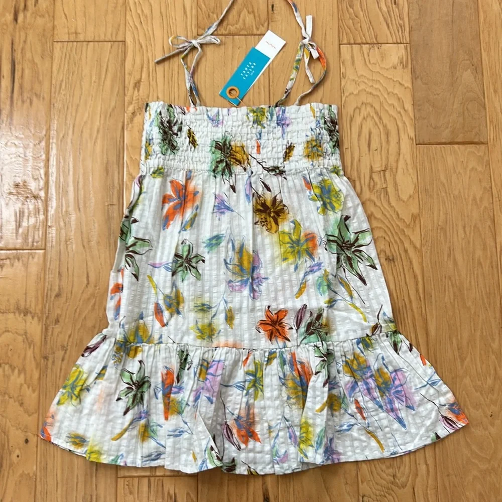 Tanya Taylor Mini Lina Dress Small Medium Multi Flowers on White Textured Cotton